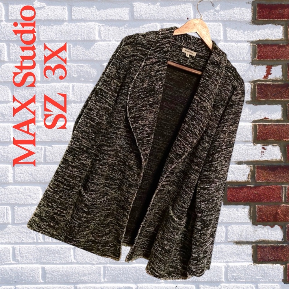 🖤 MAX STUDIO BLACK & WHITE TWEED FRINGED SHACKET OPENING FRONT W POCKETS SIZE 3X
